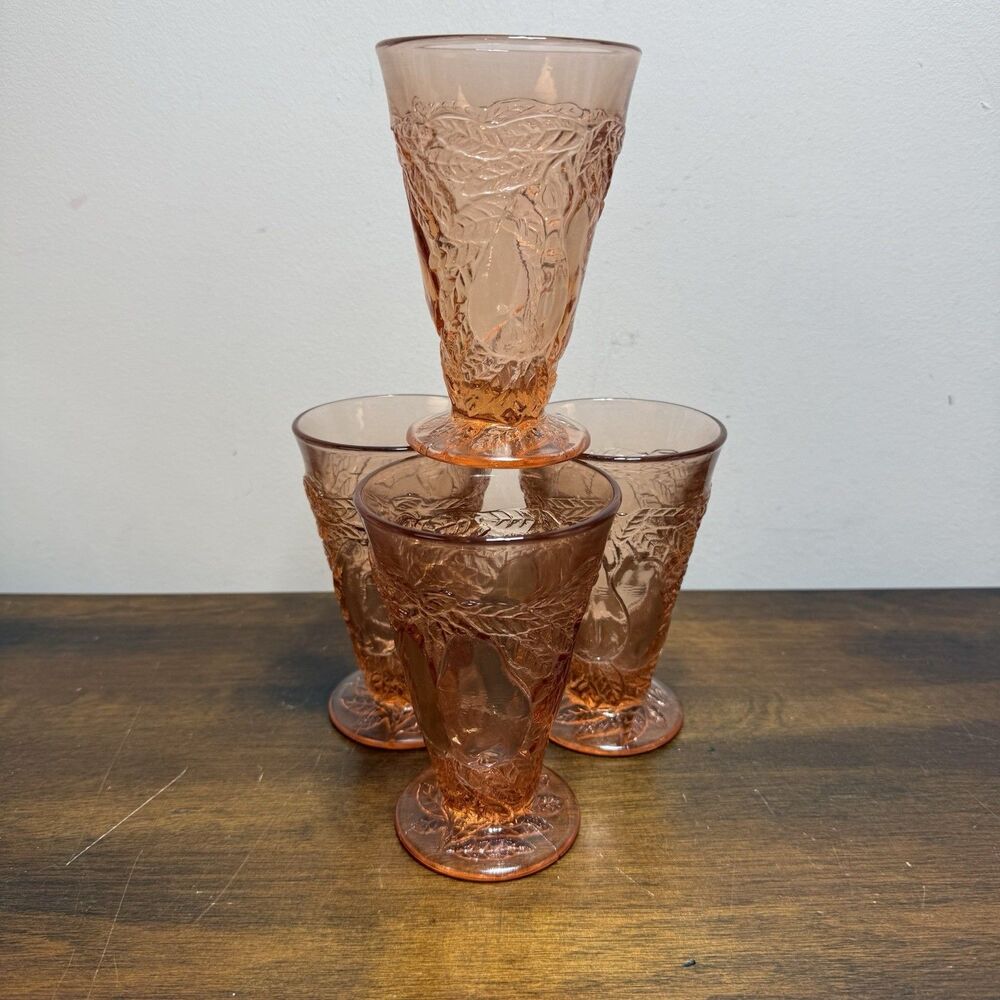 Tiara Indiana Glass Coral Sweet Pear Avocado Pink Tumblers Set Of 4